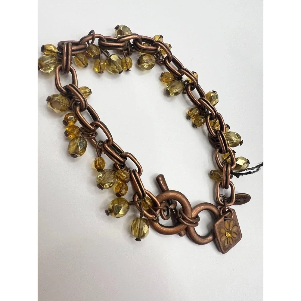 Cookie Lee Copper Bracelet‎ Lot 0f 2 Yellow Glass Beads Rhinestone Chain Boho